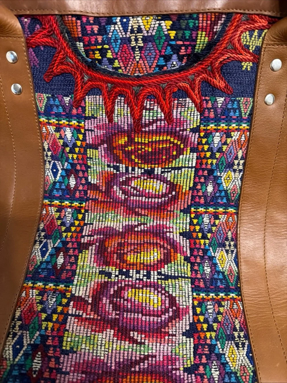 Handmade Guatemalan Fabric And Leather Tote Shoulder Nena Huipil - Picture 6 of 12